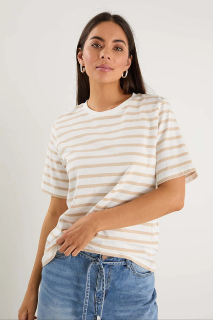Re:Union Label Binding Stripe Boxy Fit Tee -  White Natural Stripe