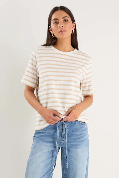 Re:Union Label Binding Stripe Boxy Fit Tee -  White Natural Stripe