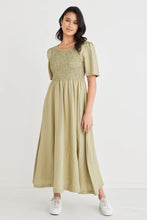 Load image into Gallery viewer, Re:Union Label Wren Poplin SS Shirred Bodice Midi Dress Moss
