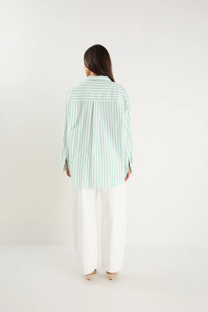 Storied be Told You Got This Wide Stripe Oversized Boyfriend Shirt - Green Stripe