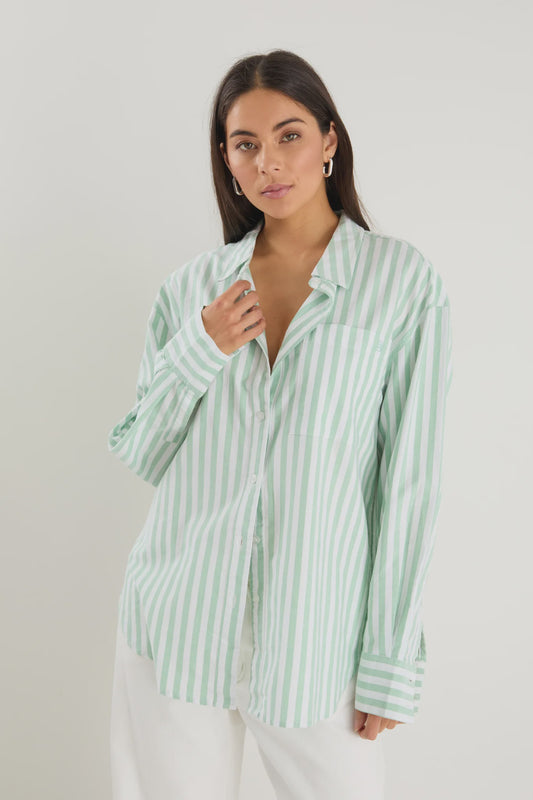 Storied be Told You Got This Wide Stripe Oversized Boyfriend Shirt - Green Stripe