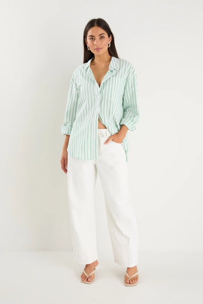 Storied be Told You Got This Wide Stripe Oversized Boyfriend Shirt - Green Stripe