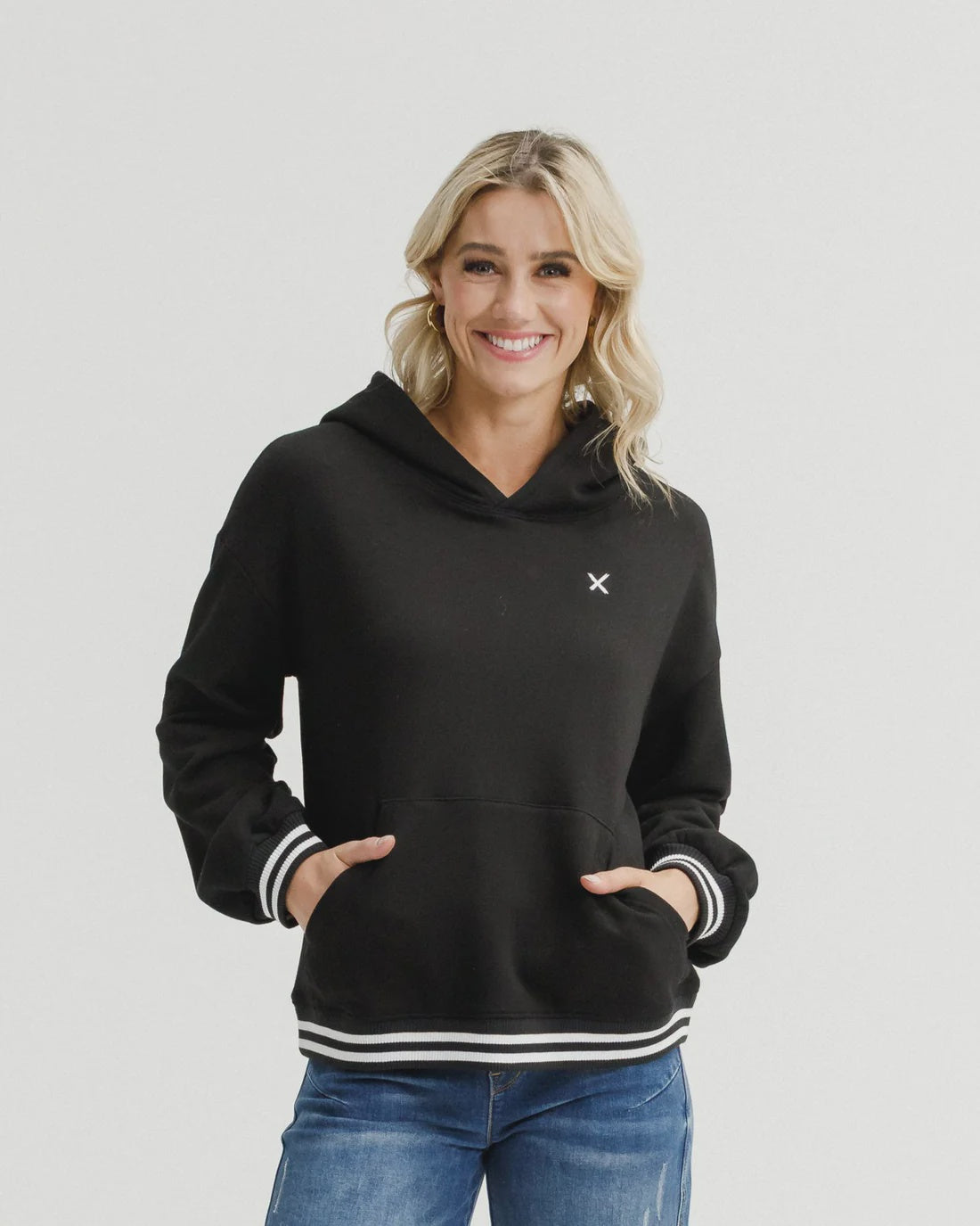 Homelee Elliot Hoodie - Alphine Weight - Black with Silver X & Stripe Cuffs