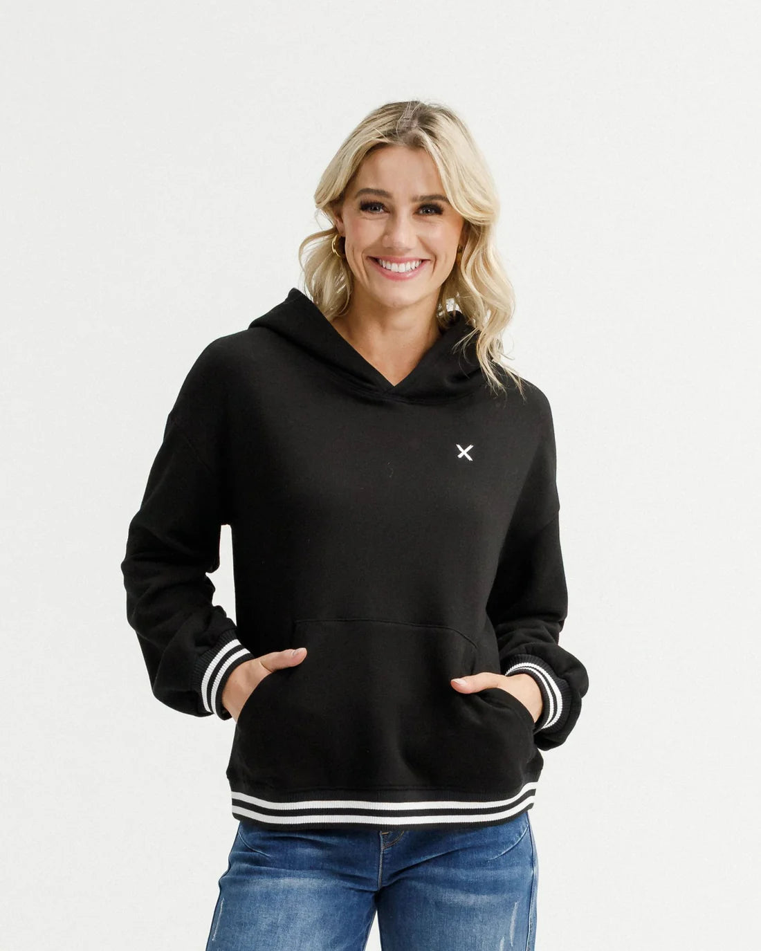 Homelee Elliot Hoodie - Alphine Weight - Black with Silver X & Stripe Cuffs