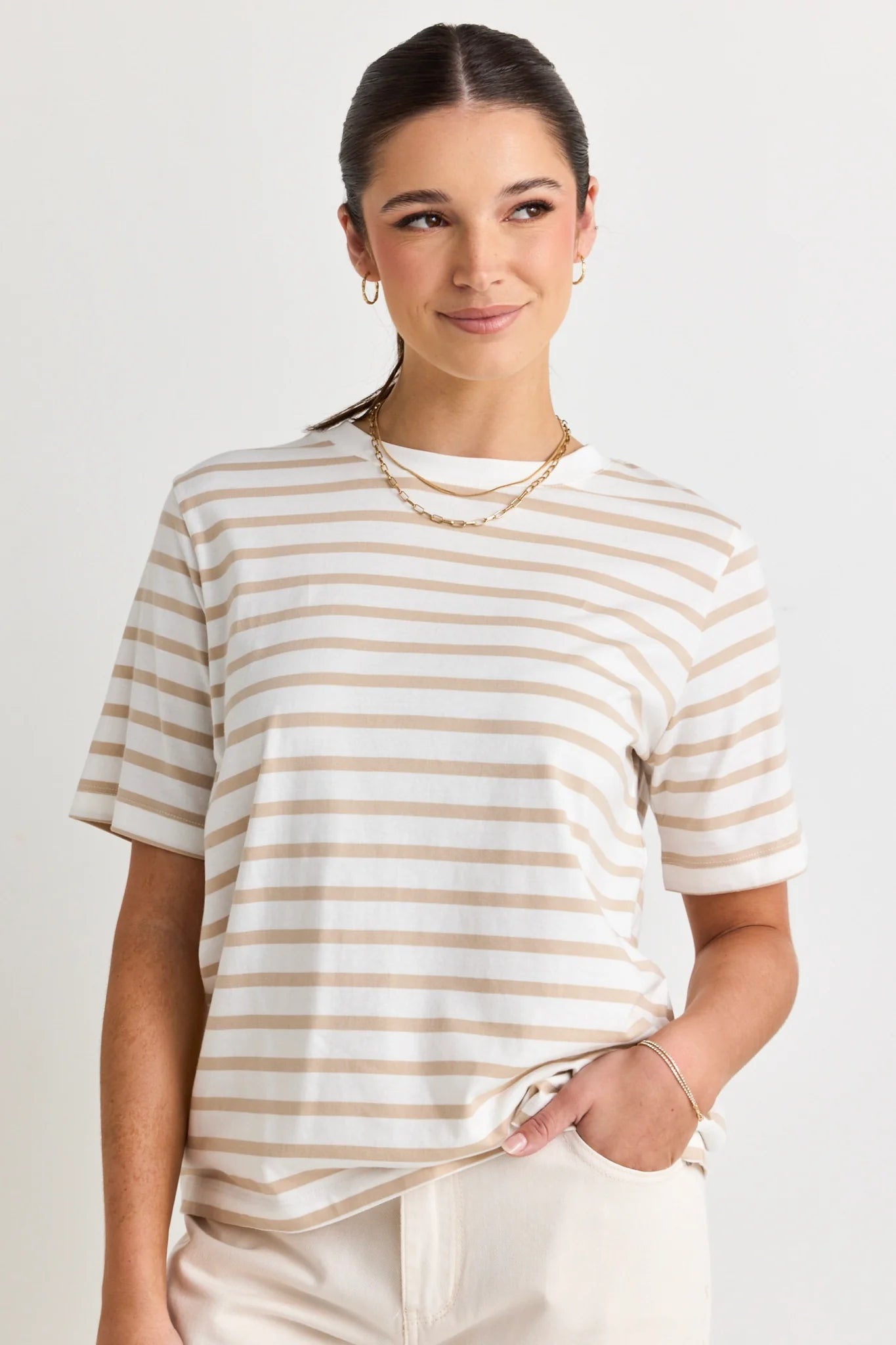 Re:Union Label Binding Stripe Boxy Fit Tee -  White Natural Stripe
