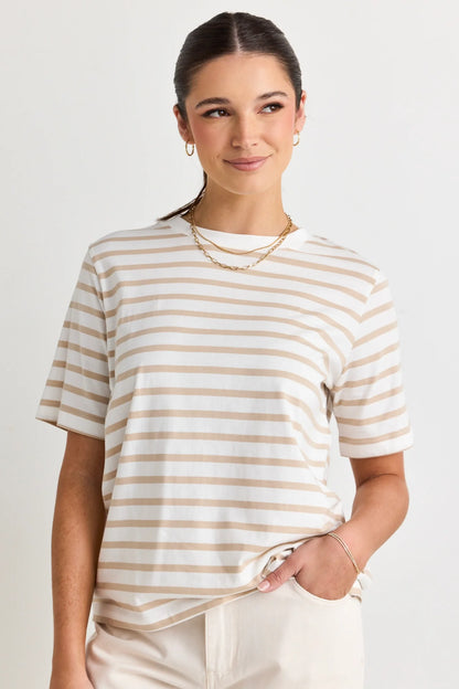 Re:Union Label Binding Stripe Boxy Fit Tee -  White Natural Stripe