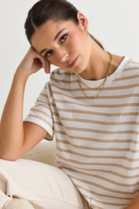 Re:Union Label Binding Stripe Boxy Fit Tee -  White Natural Stripe