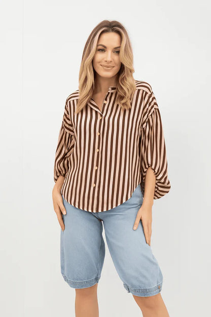 Moss by Mi Moso Bronte  Shirt - Brown & Ivory Stripe