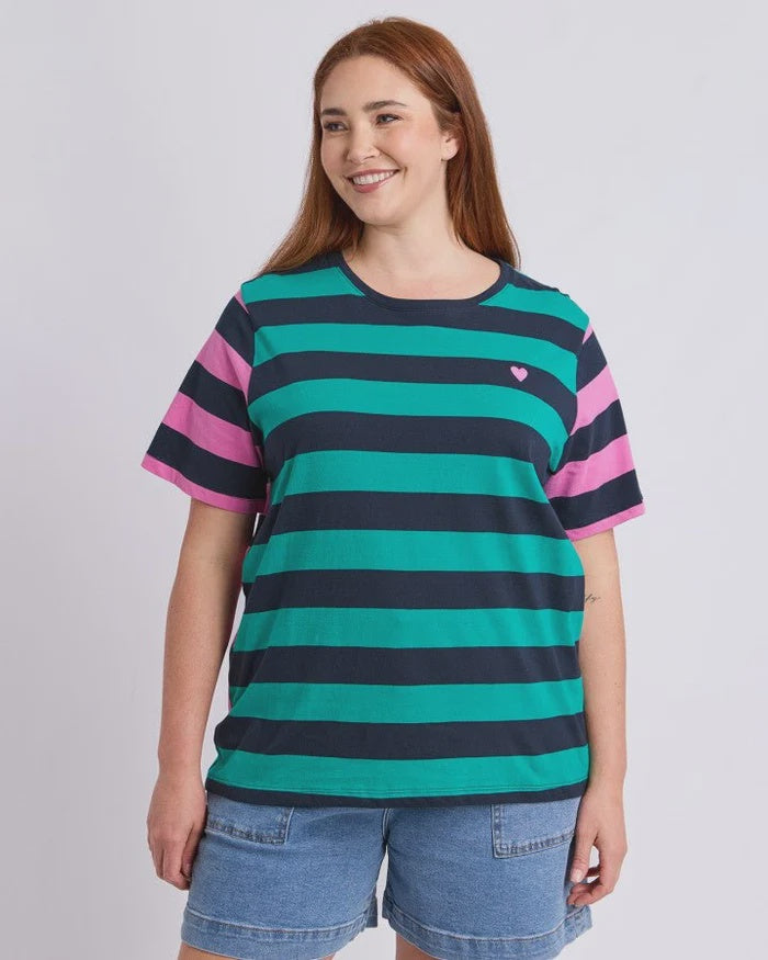 Elm Eden Stripe S/S Tee - Irish Green/Pink Stripe