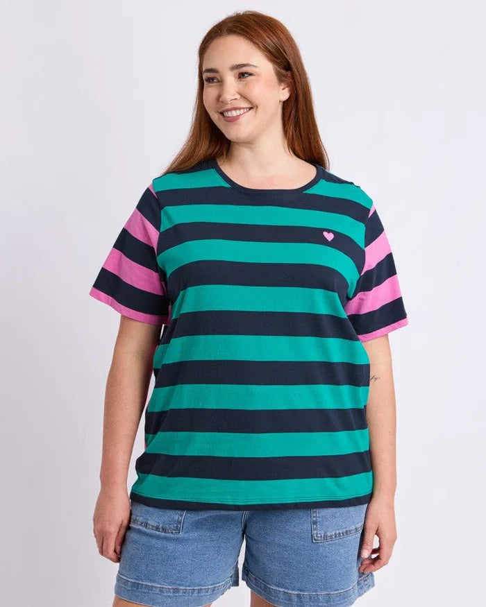 Elm Eden Stripe S/S Tee - Irish Green/Pink Stripe
