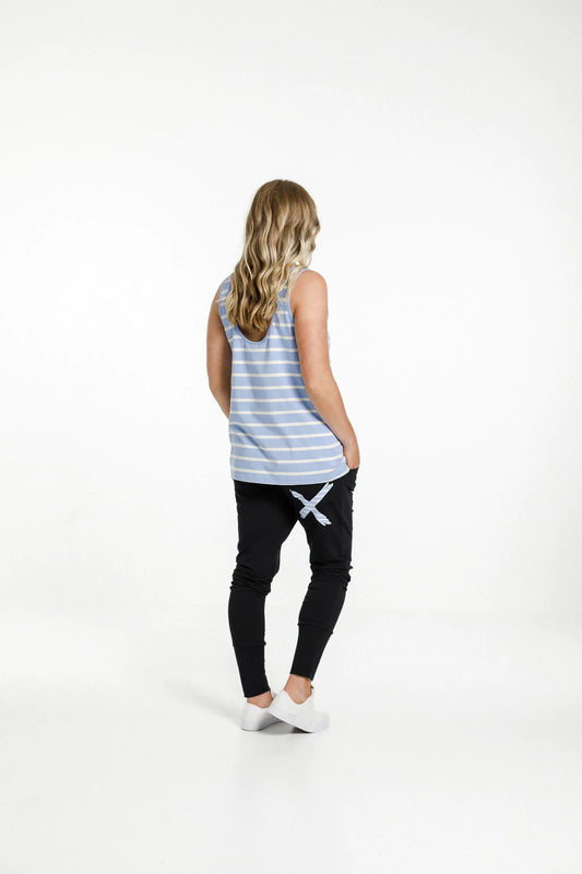 Homelee Apartment Pants - Black with Cerulean Stripe