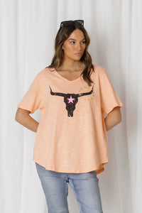 Love Lily Avalon Steer V Neck Tee - Melon