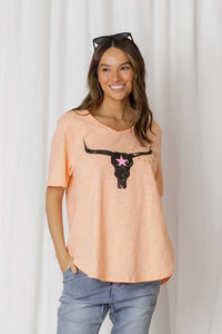 Love Lily Avalon Steer V Neck Tee - Melon