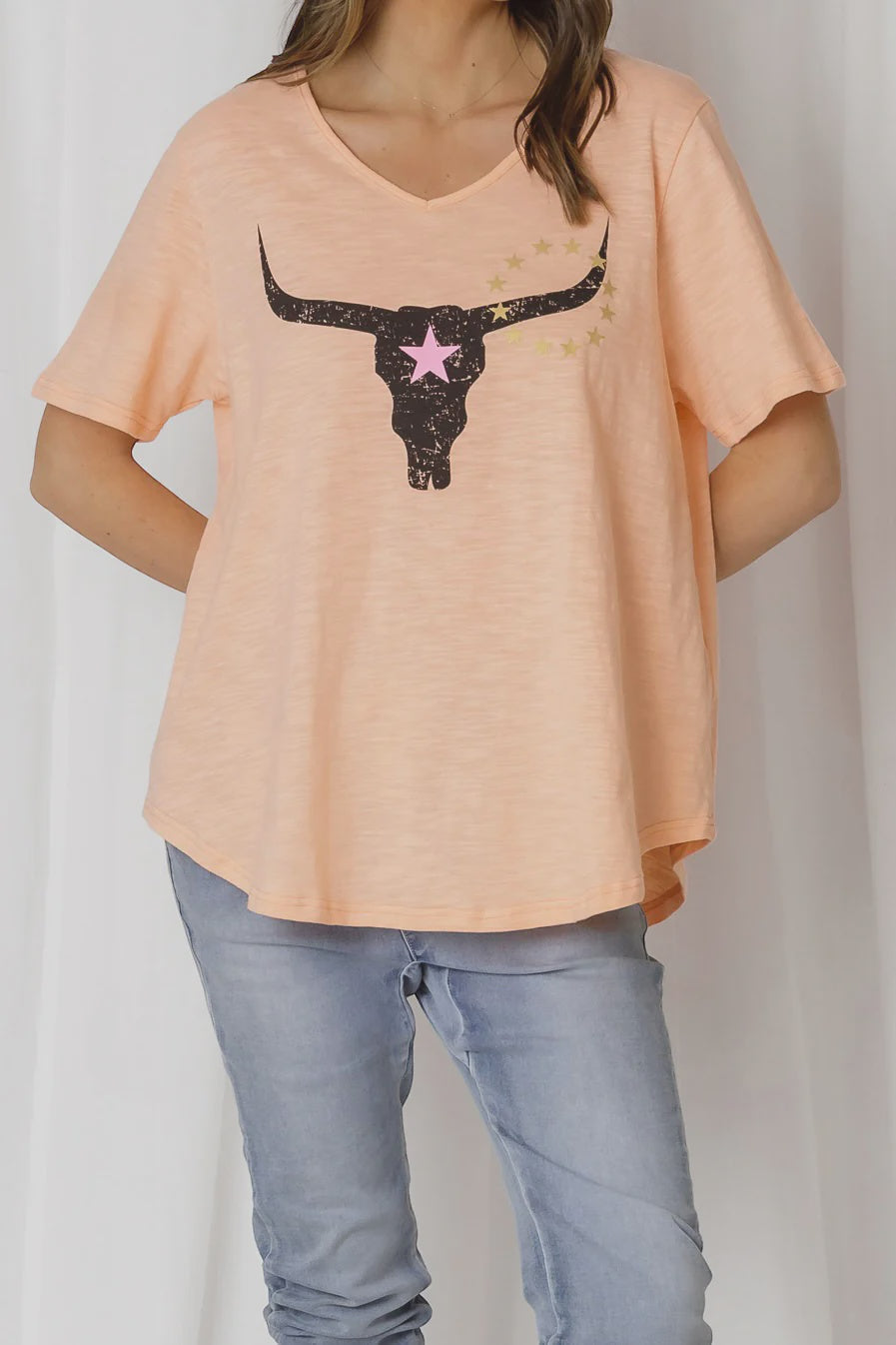 Love Lily Avalon Steer V Neck Tee - Melon