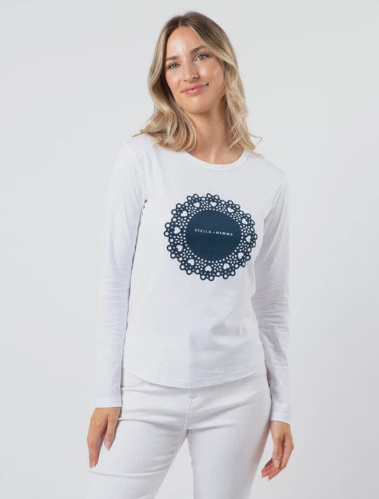 Stella + Gemma L/S Tee White with Navy Doily