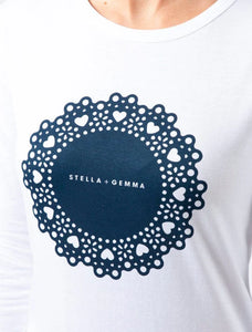 Stella + Gemma L/S Tee White with Navy Doily