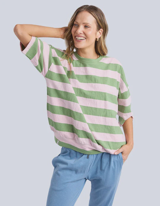 Elm Mazie Block Stripe Sweat  - Forest Green & Pink Lady