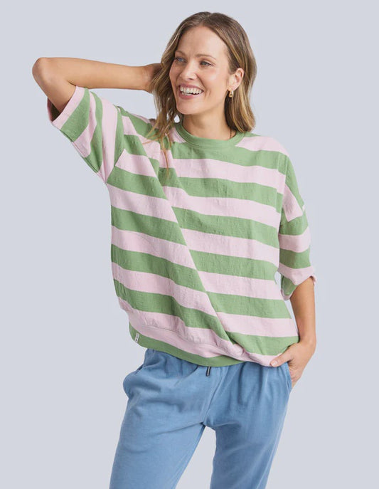 Elm Mazie Block Stripe Sweat  - Forest Green & Pink Lady