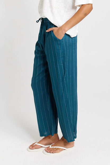 Betty Basics Palm Relaxed Pants - Teal/White Stripe
