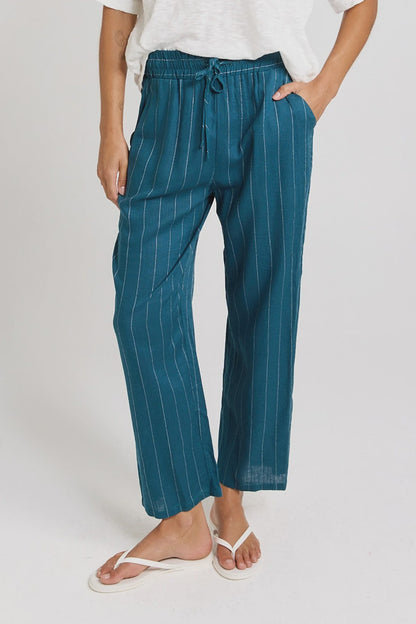 Betty Basics Palm Relaxed Pants - Teal/White Stripe