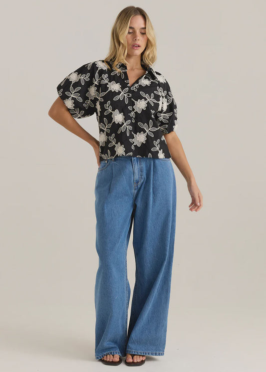 Sass Marlowe Bubble Sleeve Blouse - Black/Cream Floral