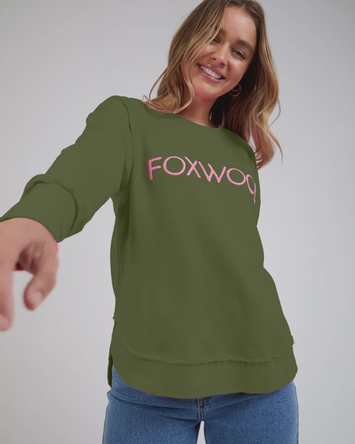 Foxwood Metallic Simplified Crew - Olive With Pink