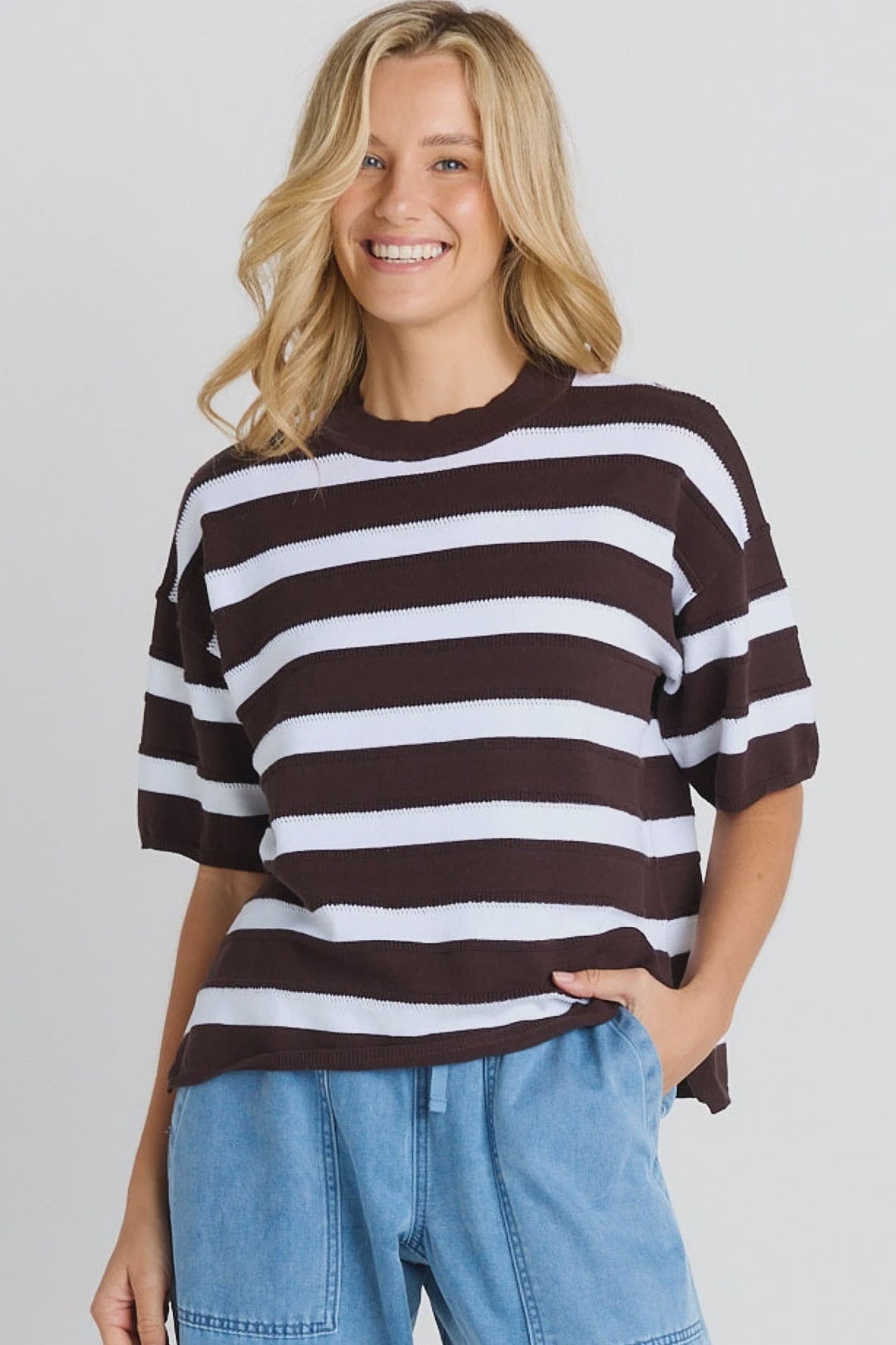 Betty Basics Libby Boxy Top - Chocolate Stripe