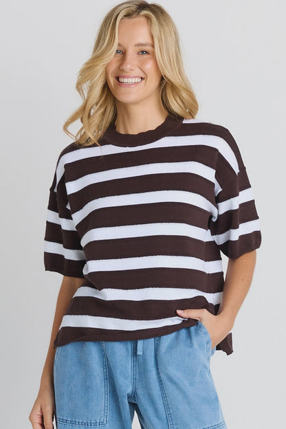 Betty Basics Libby Boxy Top - Chocolate Stripe