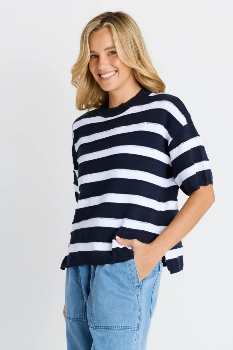 Betty Basics Libby Boxy Top - Navy  Stripe