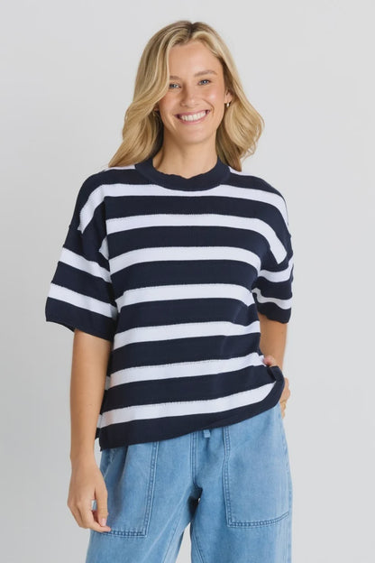 Betty Basics Libby Boxy Top - Navy  Stripe