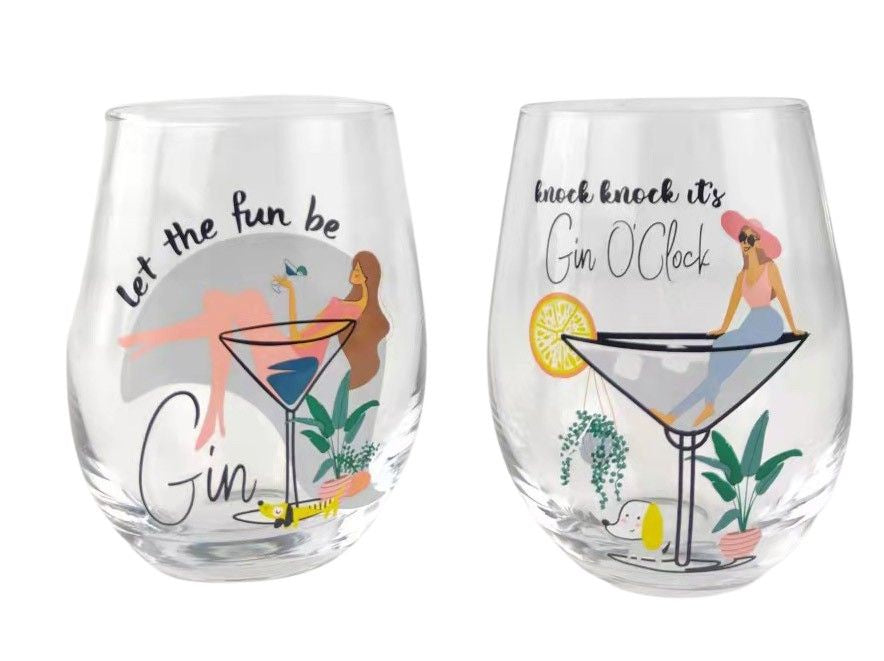 Urban Wine Glasses Set of 2 Let the Fun be Gin, Gin O'clock