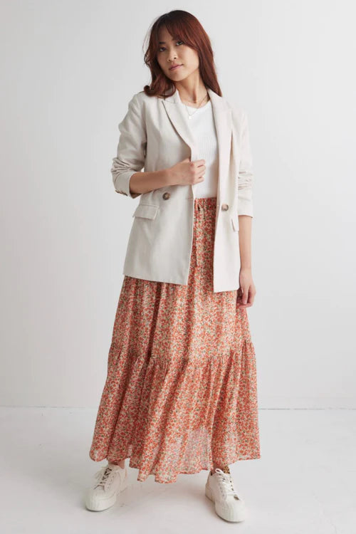 Ivy + Jack Divine Red Disty Foral Tiered Elastic Waist Midi Skirt Red