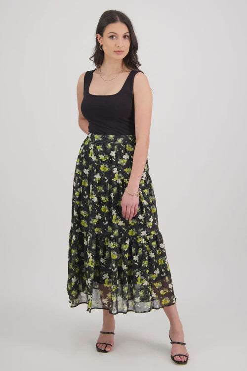 Ivy + Jack Willow Black Floral Tiered Midi Skirt Black