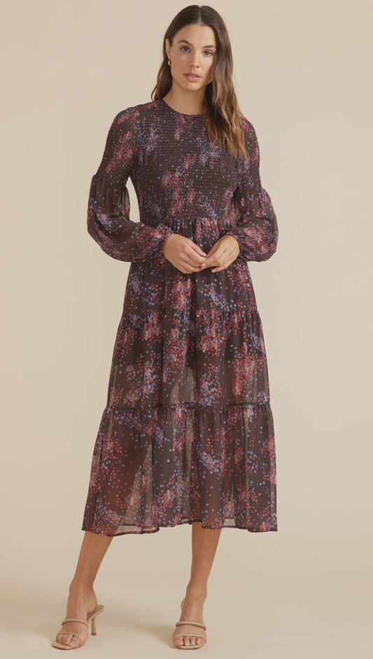 MinkPink Tahlia Shirred Midi Dress Chocolate/Multi