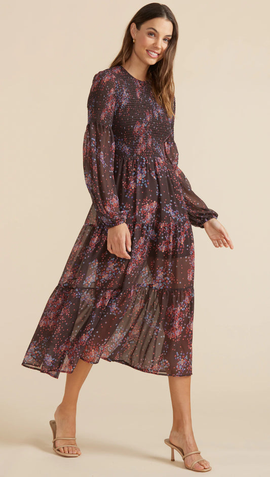 MinkPink Tahlia Shirred Midi Dress Chocolate/Multi