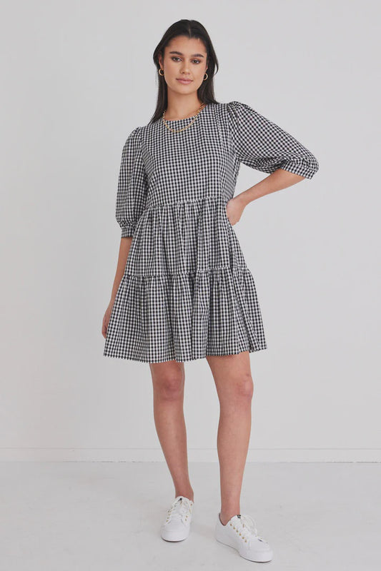 Among the Brave Anytime Gingham Tie Puff Sleeve Tiered Mini Dress Black