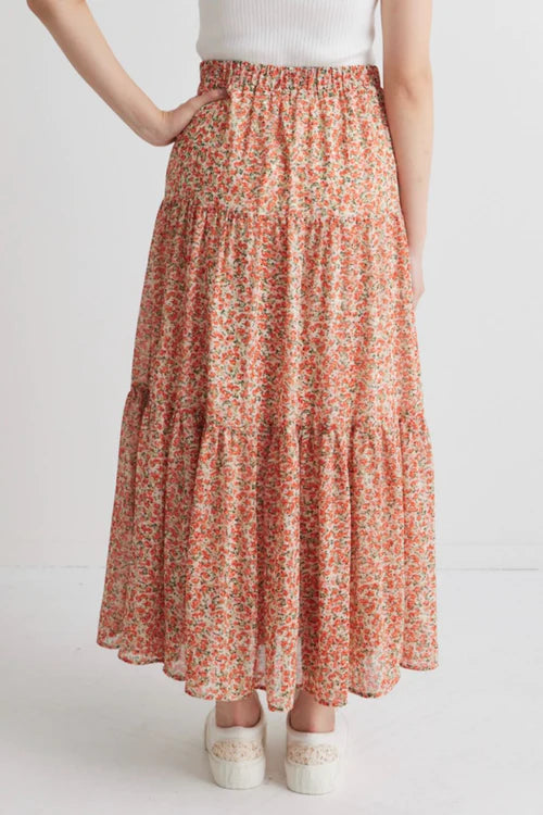 Ivy + Jack Divine Red Disty Foral Tiered Elastic Waist Midi Skirt Red