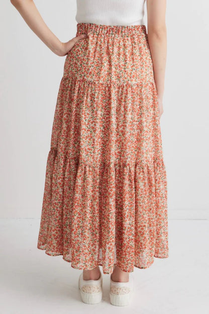 Ivy + Jack Divine Red Disty Foral Tiered Elastic Waist Midi Skirt Red