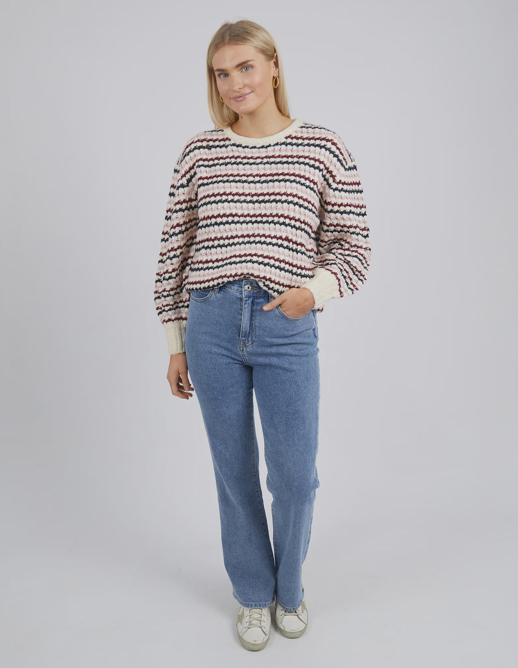 Elm Sara Stripe Knit White/Wine/Heather