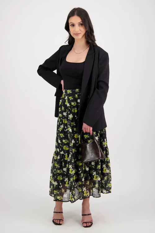 Ivy + Jack Willow Black Floral Tiered Midi Skirt Black