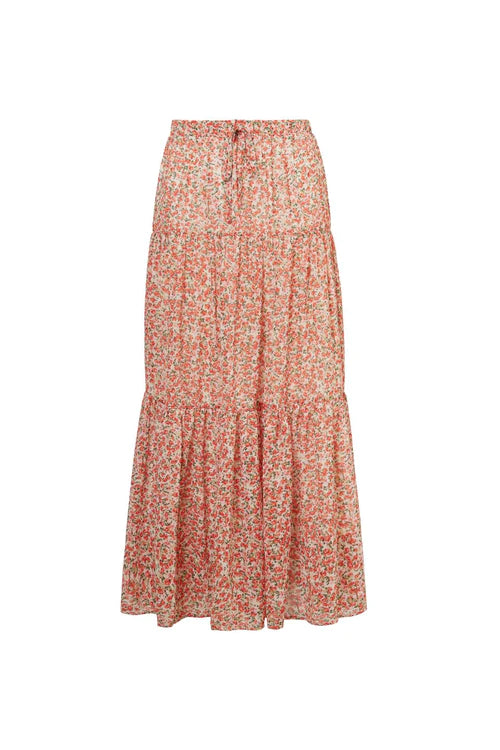 Ivy + Jack Divine Red Disty Foral Tiered Elastic Waist Midi Skirt Red