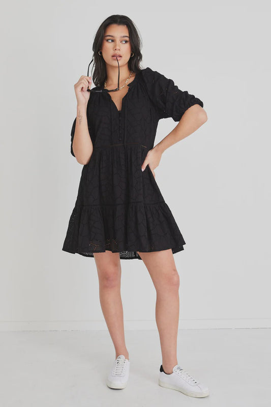 Among the Brave Gemini Broiderie Balloon Sleeve Tiered Mini Dress Black