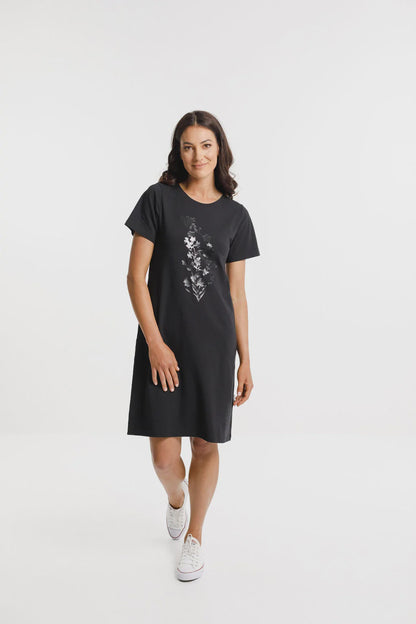 Homelee Taylor Tee Dress Black with Tonal Bouquet