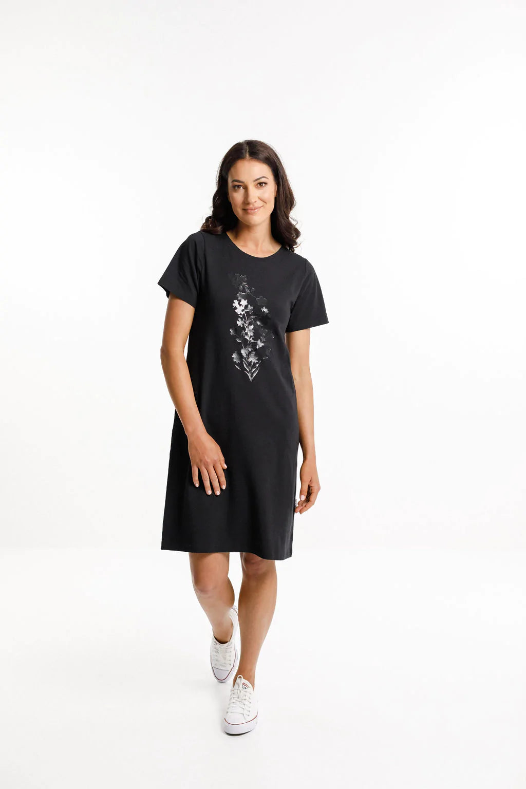 Homelee Taylor Tee Dress Black with Tonal Bouquet