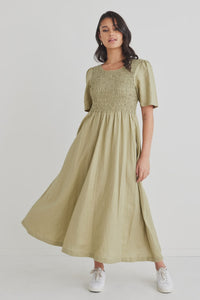Re:Union Label Wren Poplin SS Shirred Bodice Midi Dress Moss