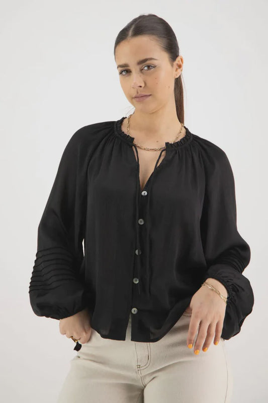 Among the Brave Breath of Fresh Air Shiny Puff LS Button Front Top Black