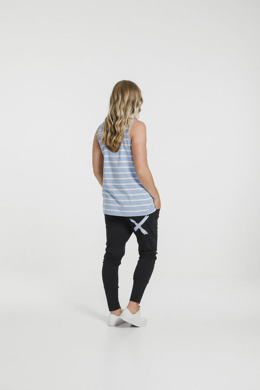 Homelee Apartment Pants - Black with Cerulean Stripe